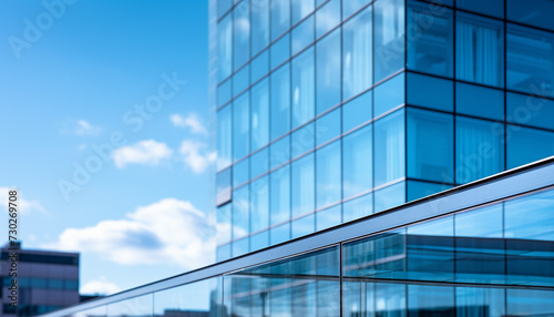 Modern glass skyscraper with blue reflection in futuristic cityscape generated by AI