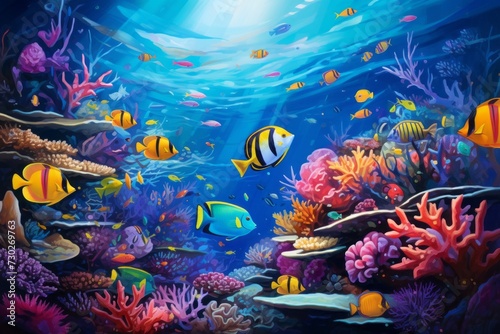 Vibrant underwater scene teeming with colorful marine life © KerXing