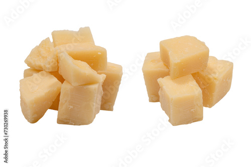 Cheese cubes isolated on a white background.