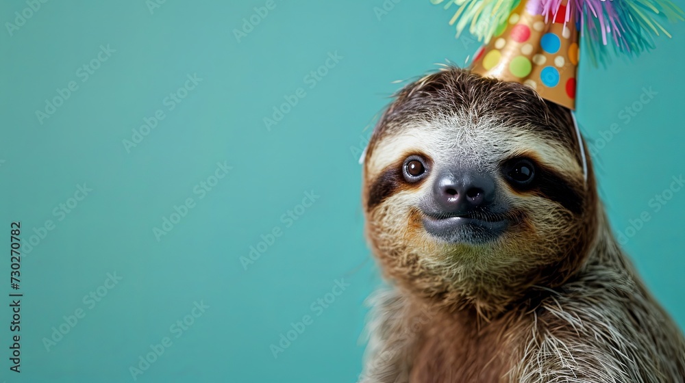 Fototapeta premium Sloth with birthday hat generative ai