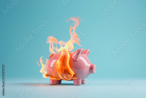 Burning piggy bank. Financial crisis and inflation, lost savings, funds and assets, unavailable money. Burnt deposit. The concept of bankruptcy, capital outflow restrictions, deposit risk, sanctions. photo