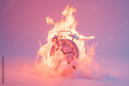 Burning alarm clock. Time out or deadline pressure concept. Clock on fire, symbol of hot sale, discounts, shopping time, countdown. Oversleep, waste of time, insomnia. Time is ending, running out. photo