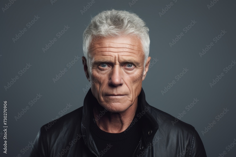 Portrait of a senior man in a leather jacket looking at camera. Portrait of a senior man in a leather jacket looking at camera.