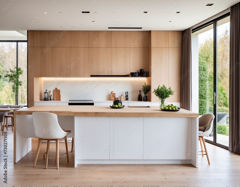 Kitchen interior in beautiful new luxury home with kitchen island and wooden floor, bright modern minimal style, with copy space. Kitchen interior in beautiful new luxury home with kitchen island and wooden floor, bright modern minimal style, with copy space.