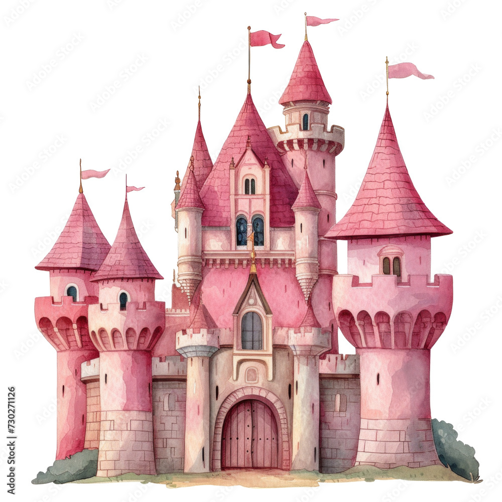 pink cute watercolor childish dreamy princess castle isolated