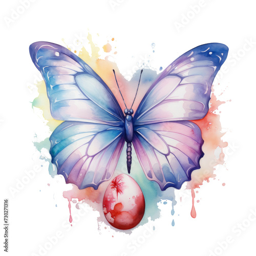 A whimsical watercolor butterfly landing on a pastel Easter egg