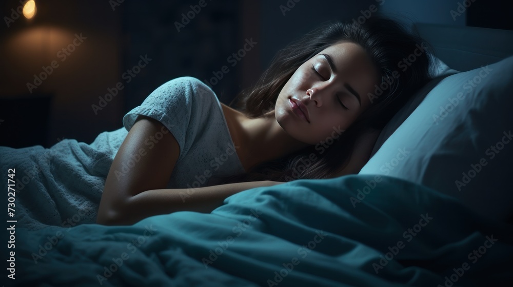 Woman asleep in bed with her head resting on a pillow, the room is dimly lit with soft blue tones Woman asleep in bed with her head resting on a pillow, the room is dimly lit with soft blue tones