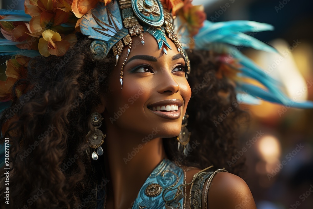 Naklejka premium Brazilian Carnival. Young woman enjoying the carnival party. Beautiful young woman in a peacock carnival costume. Beauty model woman at a party over festive background with magical glow.