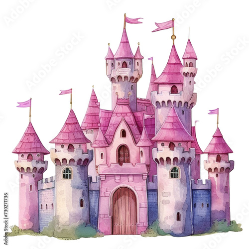 pink cute watercolor childish dreamy princess castle isolated