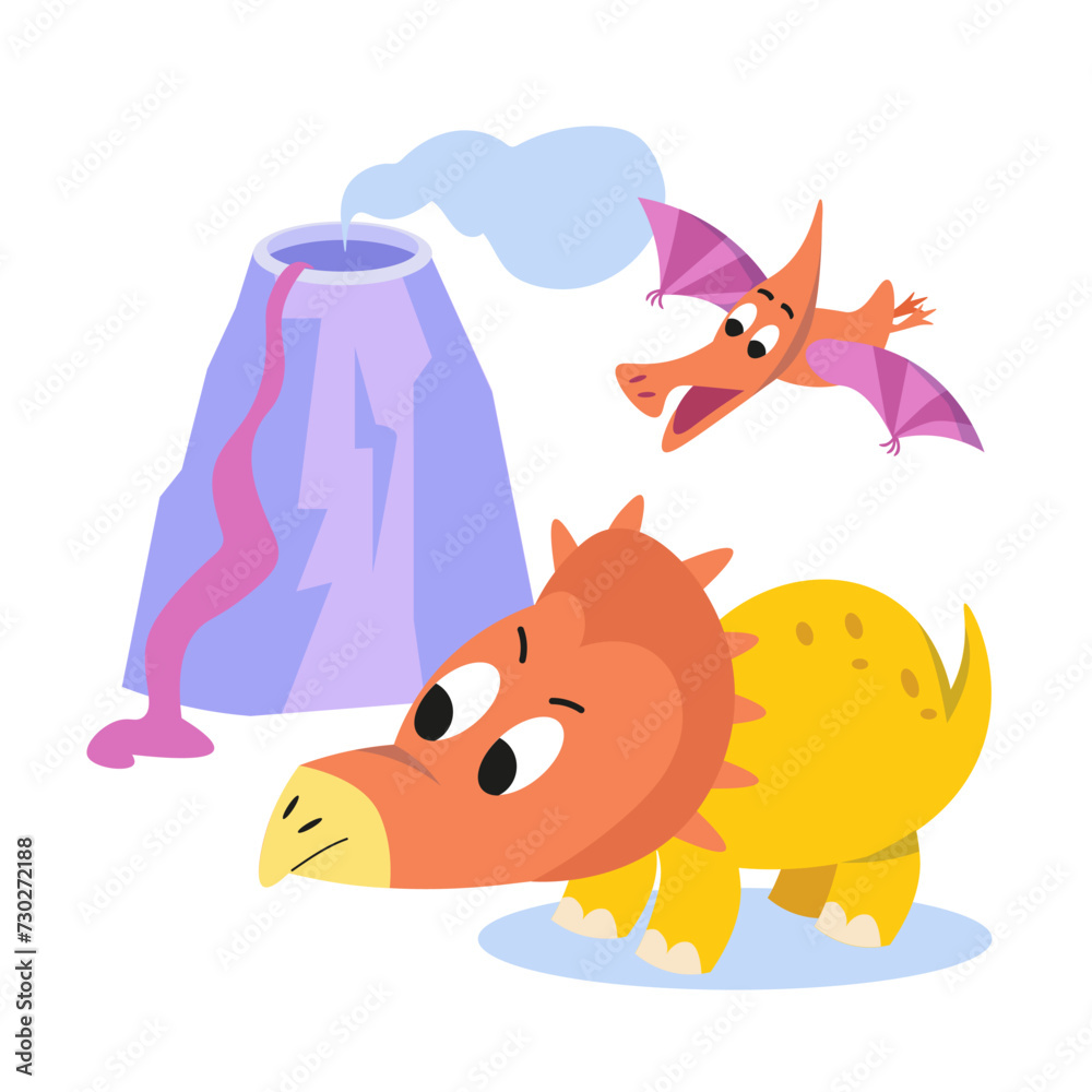 Cute cartoon dinosaur. Flat stylised isolated simple illustration for design on white background. Template for text. Vector graphics. Cute cartoon dinosaur. Flat stylised isolated simple illustration for design on white background. Template for text. Vector graphics.