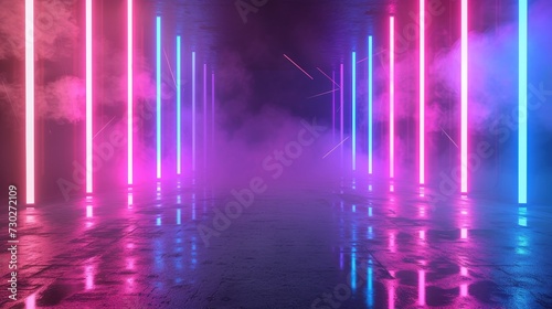 Neon pink and blue lights casting a vivid glow through mist in a reflective hallway  creating an ethereal atmosphere.