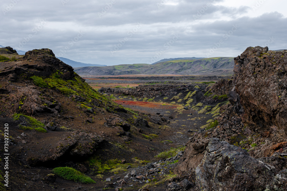 Fototapeta premium Amazing Icelandic landscape with mountains and field on a cloudy day at famous Laugavegur hiking trail, South Iceland. Acid colours landscape.