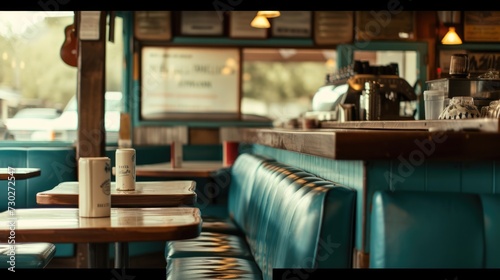 Generative AI, Vintage photo of American cafe 50s, retro interior design photo