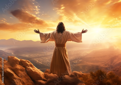 Jesus Christ praying on top of the mountain with open arms. Religion and Culture. AI generated photo
