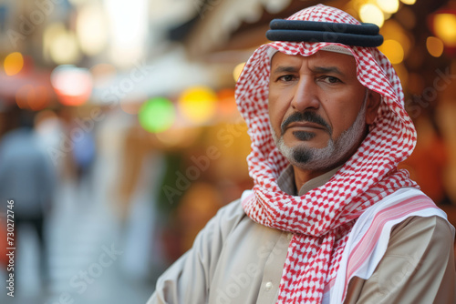 Arab man in traditional clothes on a city street, Bearded man wearing headscarf keffiyeh and kandura