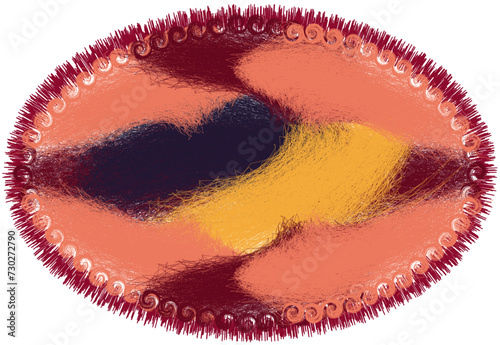 Vivid rug ,doormat, mat, carpet with decorative frame  in oval form with swirl elements and grunge rough fringe in orange, pink, black, purple colors isolated