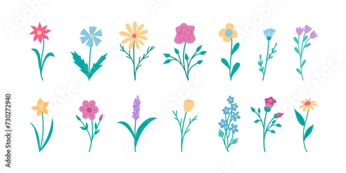 Abstract hand drawn flowers. Spring floral design elements set.