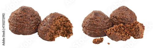 chocolate cookie with kerob, banana, cashew, sunflower seeds and coconut paste isolated on white background. Healthy food, gluten-free, flour-free