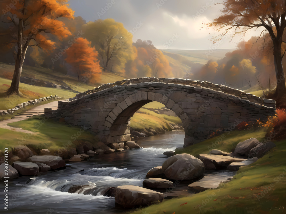 Fototapeta premium Stone Bridge Serenity Amidst Moody Rural Splendor Overlooking a Tranquil River