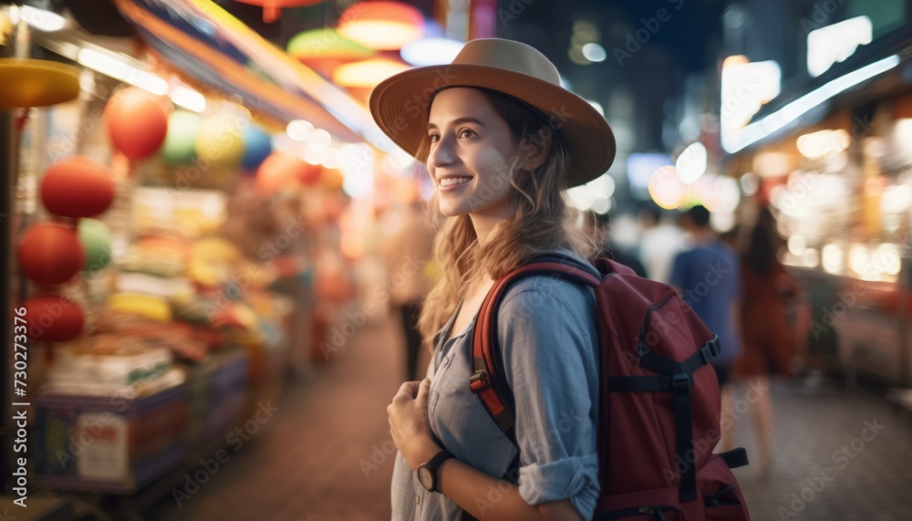 Young woman traveler with backpack at night market in evening.