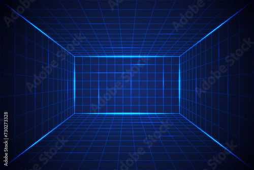 Cyberpunk neon grid background. Futuristic wireframe 80s style. Retro wave cyber blue surface.