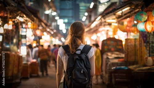 Young woman traveler with backpack at night market in evening. © COC STUDIO