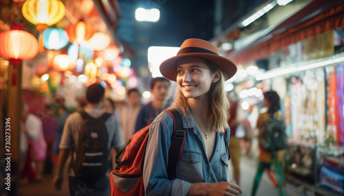 Young woman traveler with backpack at night market in evening.