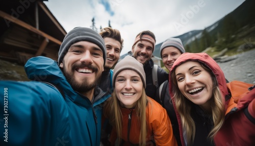 Group of friends taking selfie together on vacation.