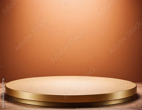 Empty golden platform on a wooden surface with a warm brown gradient background, evoking elegance and simplicity. photo