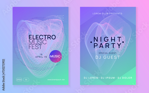Music flyer. Dynamic gradient shape and line. Curvy concert brochure set. Neon music flyer. Electro dance dj. Electronic sound fest. Techno trance party. Club event poster.