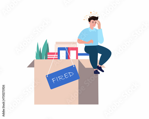 Stressed office worker sitting on office stuff things Fired from job due to business closure company economic crisis