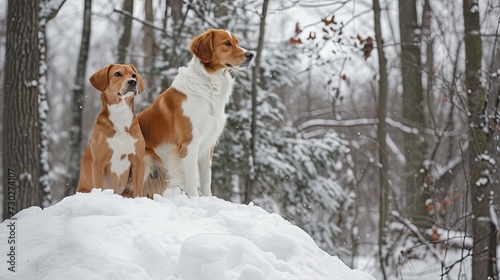 A pair of dogs, from a snowy mountain, looking thoughtful. generative ai © Francheska
