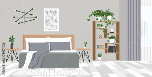 Striped carpet near bed with blanket in bedroom interior with poster and plants. photo