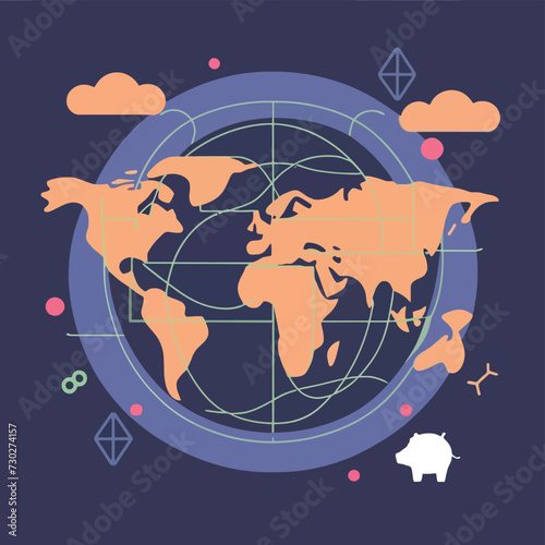 2d vector illustration colorful trading over the world map money bitcoin crypto 
