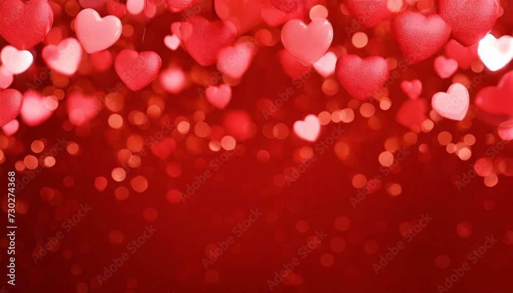 Flying pink and red shiny hearts on red background. 3d Valentine's day border, copy space Flying pink and red shiny hearts on red background. 3d Valentine's day border, copy space