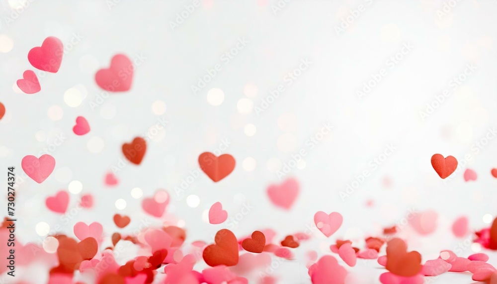 Flying pink and red shiny hearts on white background. 3d Valentine's day border, copy space