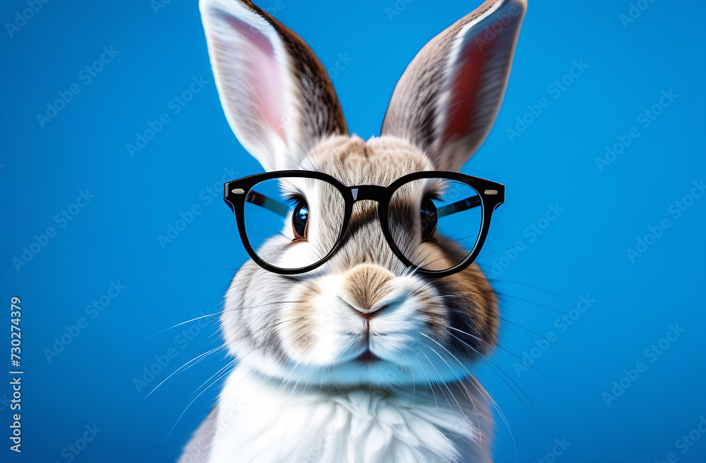 The wise and witty bunny with glasses on blue background 