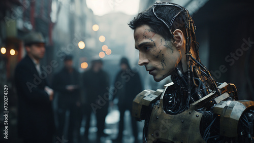Craft a short film script set in a world where advanced robotics have become indistinguishable from humans, Explore themes of identity, consciousness, and the blurred lines between man and machine, ai