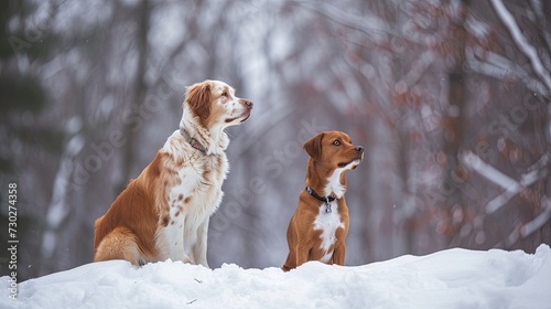 A pair of dogs, from a snowy mountain, looking thoughtful. generative ai