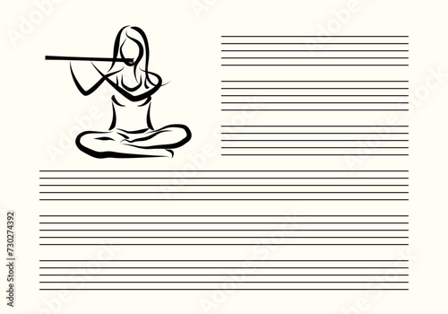 Musical notes blank sheet with abstract woman playing flute. Black lines on white background. Editable vector illustration.