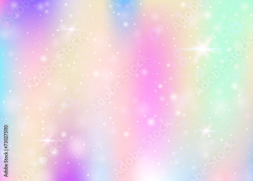 Unicorn background with rainbow mesh. Cute universe banner in princess colors. Fantasy gradient backdrop with hologram. Holographic unicorn background with magic sparkles, stars and blurs. © Holo Art