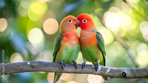 Two lovebirds perched on a branch, beaks touching generative ai
