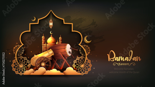 Ramadan Kareem muslim art greetings with golden mosque and black background wallpaper. abstract vector illustration design.
