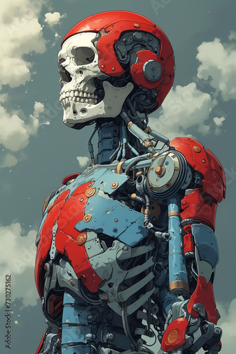 Illustration of a cyborg skeleton, implants, pain, warrior pose, in futuristic environment and post apocalyptic setting