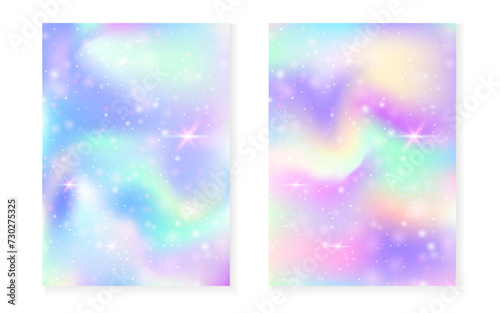 Rainbow background with kawaii princess gradient. Magic unicorn hologram. Holographic fairy set. Mystical fantasy cover. Rainbow background with sparkles and stars for cute girl party invitation.
