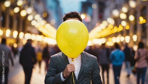 A person standing with a yellow balloon covering their face, symbolizing concepts of privacy, anonymity, masking, and hiding