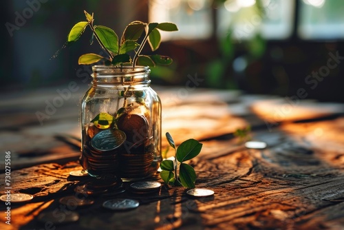 Financial Growth and Savings Concept with Plant and Coins in a Jar - Smart Money Management, Planting Seeds of Prosperity: Green Energy Investments for a Sustainable Financial Future