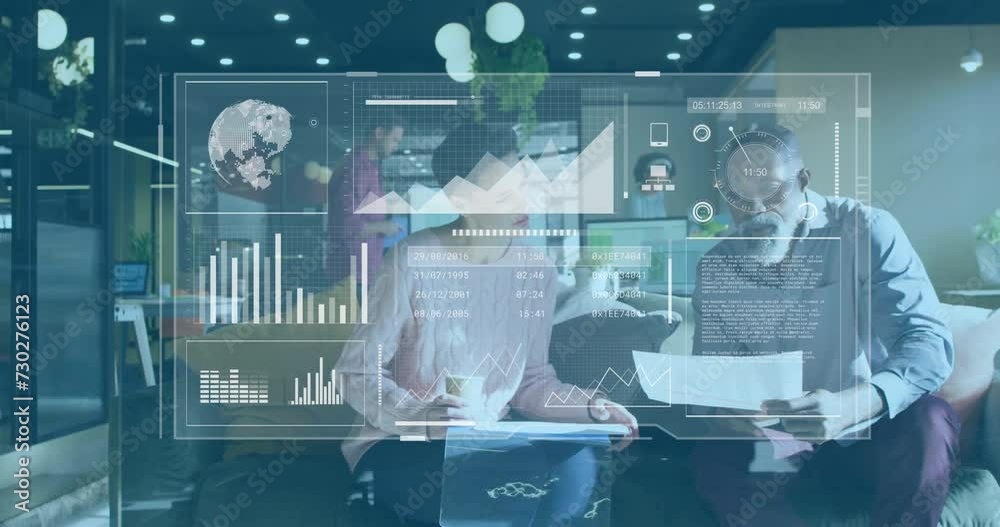 Animation of charts processing data over diverse male and female colleague discussing at office