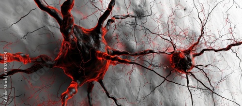 Astrocytes filled with Golgi method, found in grey matter with uniform processes. Thick black lines represent blood vessels. photo