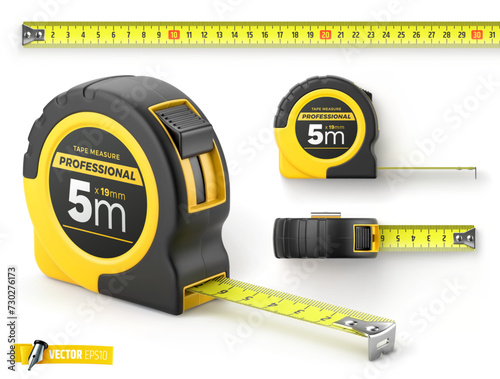 Vector realistic illustration of tape measure on a white background.